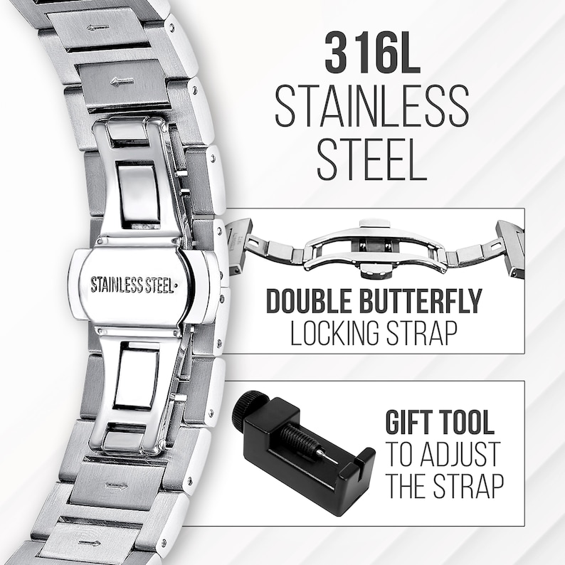 May include: A silver watch band with a double butterfly locking strap. The band is made of 316L stainless steel and includes a tool to adjust the strap.