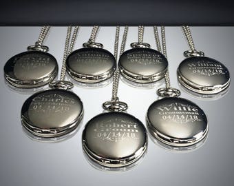 Regalos de novios, Juego de 8, Reloj de bolsillo grabado en plata, Regalo de mejor hombre, Regalo de oficiante, Regalo de novios, Reloj de bolsillo en cajas, Juego de regalo para hombres