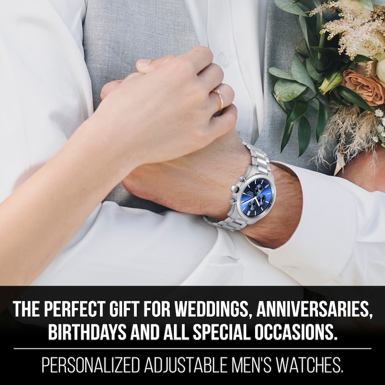 May include: A silver watch with a blue face and a silver band. The watch is being worn by a person with a wedding ring on their finger. The perfect gift for weddings, anniversaries, birthdays and all special occasions. Personalized adjustable men's watches.
