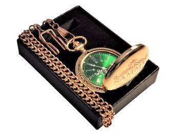 Engraved pocket watch - Green dial Silver Roman numerals pocket watch comes with box, chain & engraving - Personalized vintage style