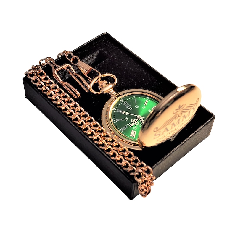 Engraved pocket watch Green dial Silver Roman numerals personalized pocket watch comes with fitted box, chain & engraving Vintage style Rose Gold