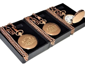 3 Personalized engraved Rose Gold pocket watches, Mens pocket watches, Gift box, chain & engraving included, 3 watches, Vintage style