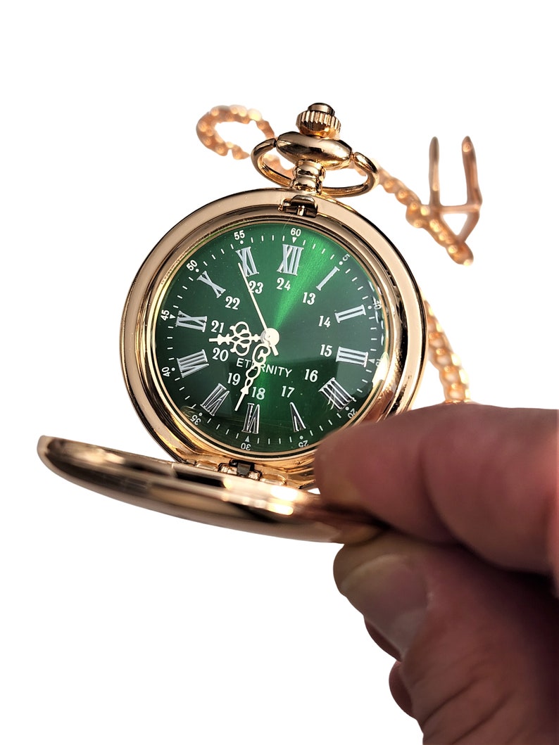 Engraved pocket watch Green dial Silver Roman numerals personalized pocket watch comes with fitted box, chain & engraving Vintage style image 3