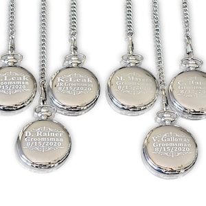 6 Engraved pocket watches - Engraved set of pocket watches - Personalized watch in gift box & chain - Custom engraved gift - Wedding