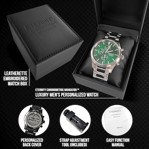 May include: A silver watch with a green face and chronograph features. The watch comes in a black leatherette box with the brand name "Eternity Chronometric Navigator" embossed on the box. The watch also includes a strap adjustment tool and an instruction manual.