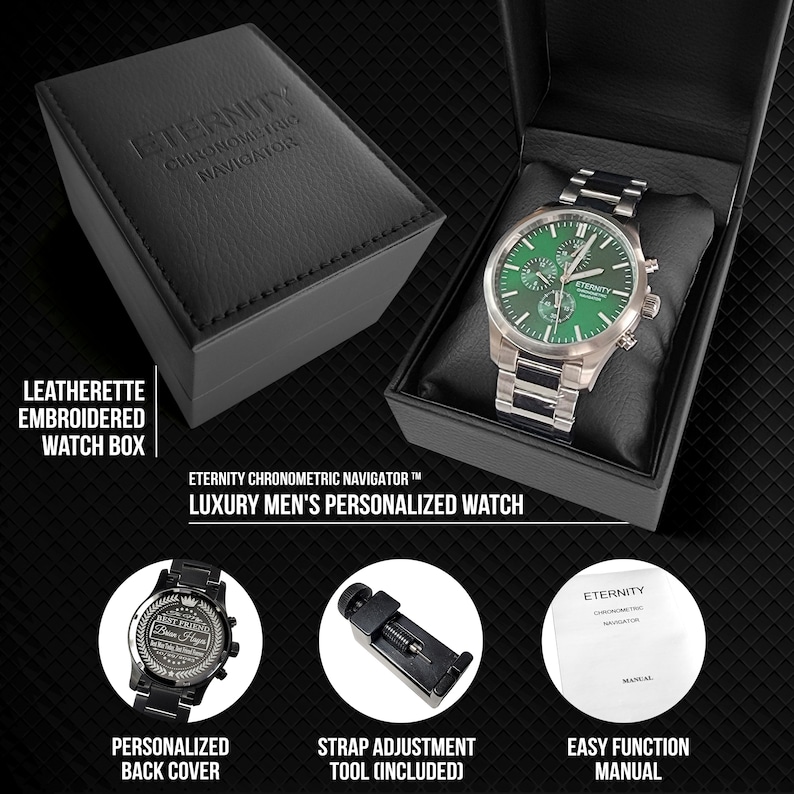 May include: A silver watch with a green face and chronograph features. The watch comes in a black leatherette box with the brand name "Eternity Chronometric Navigator" embossed on the box. The watch also includes a strap adjustment tool and an instruction manual.