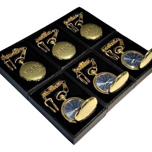 6 Bräutigam Gravur Taschenuhren - Vintage personalisierte Uhr in Geschenkbox - Blaues Ziffernblatt mit römischen Ziffern - Seine und ihre Geschenke - Box Set