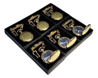 6 Padrinos grabados relojes de bolsillo - Reloj personalizado vintage en caja de regalo - Esfera azul con números romanos - Sus regalos - caja set