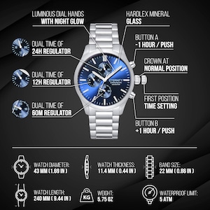 May include: A silver chronograph watch with a blue face and silver hands. The watch has a date window, a tachymeter scale, and a 24-hour dial. The watch is water resistant to 5 ATM. The watch has a hardlex mineral glass face and a stainless steel band.