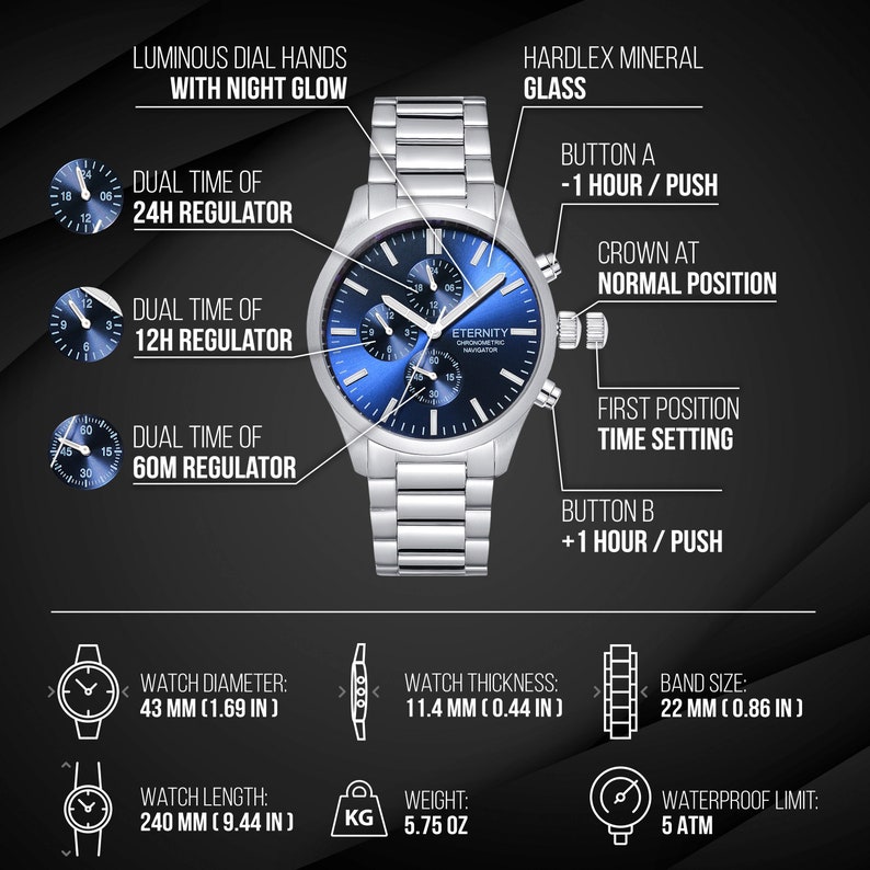 May include: A silver chronograph watch with a blue face and silver hands. The watch has a date window, a tachymeter scale, and a 24-hour dial. The watch is water resistant to 5 ATM. The watch has a hardlex mineral glass face and a stainless steel band.