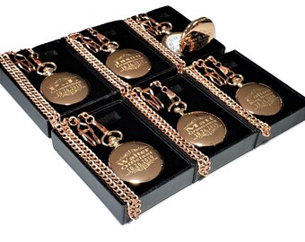6 Engraved Rose Gold pocket watches, Man's pocket watches, Gift box, chain & engraving included, 6 watches, Customized gift set