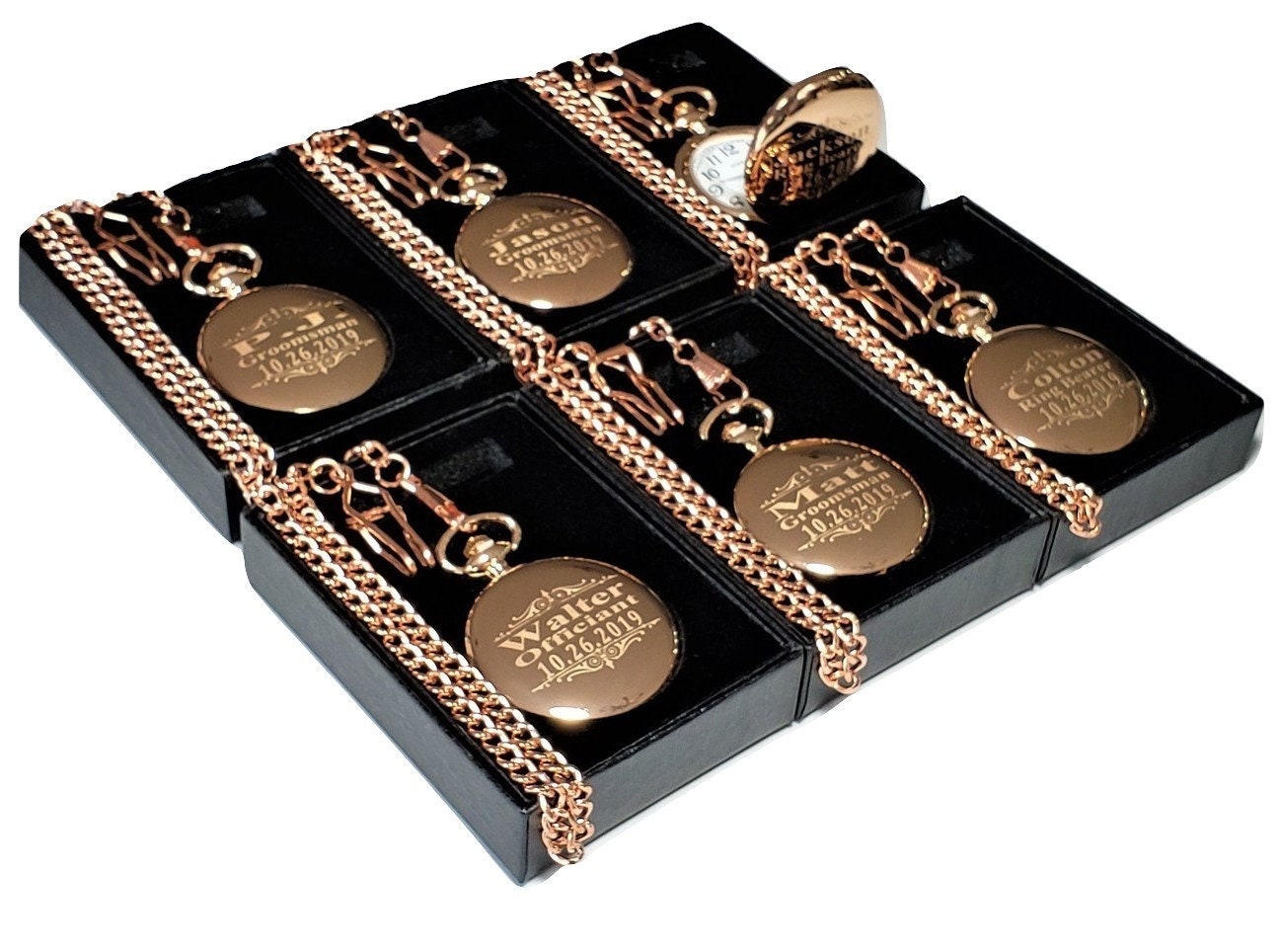 6 Engraved Rose Gold pocket watches, Man's pocket watches, Gift box, chain & engraving included, 6 watches, Customized gift set