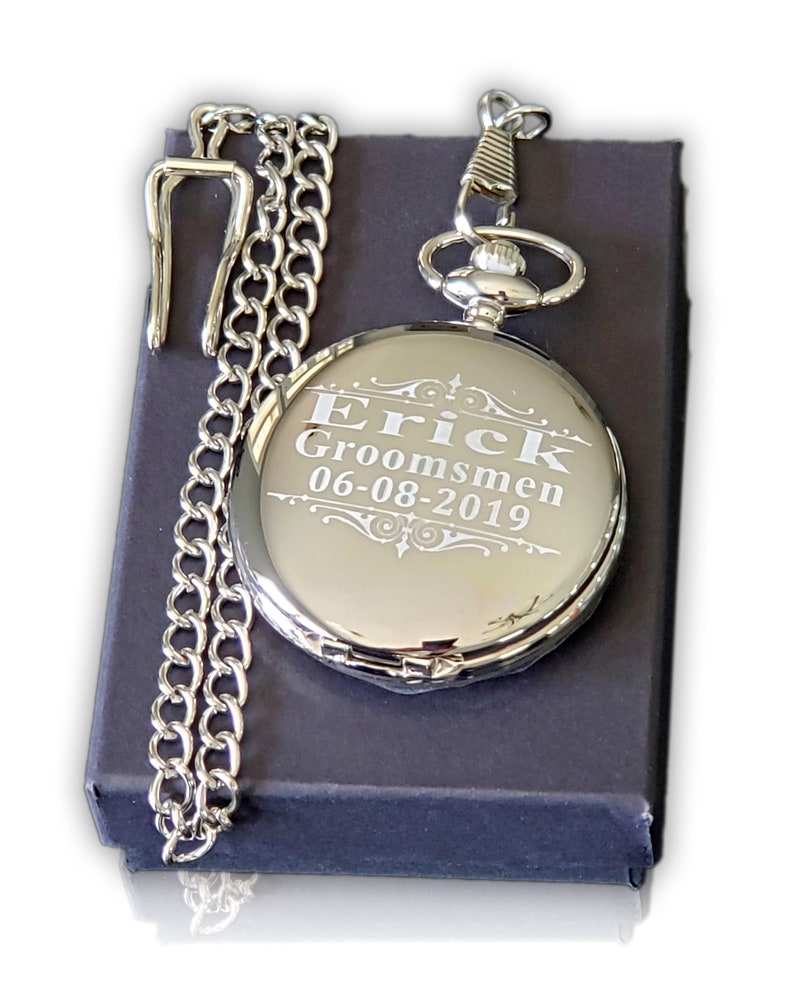 Personalized pocket watch Silver engraved pocket watch Groomsman gift Best Man gift Usher gift Officiant gift Wedding gift image 2