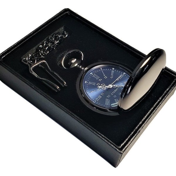 Reloj de bolsillo personalizado - Reloj de bolsillo grabado con números romanos azules - Reloj de bolsillo personalizado en caja de regalo - Regalo de padrinos de boda - Reloj de hombre
