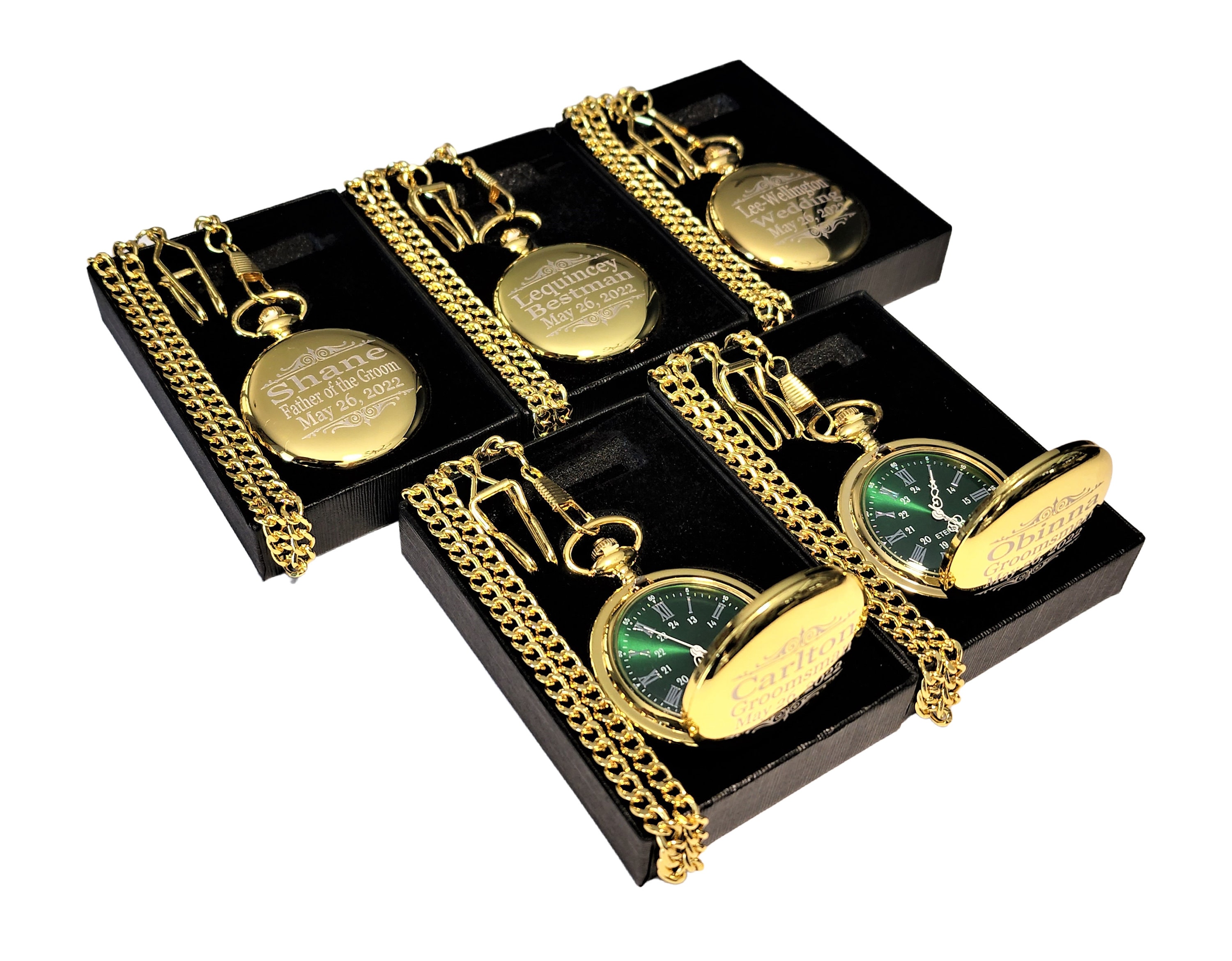 5 Engraved pocket watch set - Green dial pocket watch comes in 4 colors - Personalized gift in box with chain and engraving - Wedding gifts