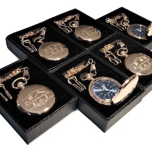 6 Groomsmen engraved pocket watches - Vintage Rose Gold personalized watch in gift box - Blue Dial with Roman Numerals - His and her gifts