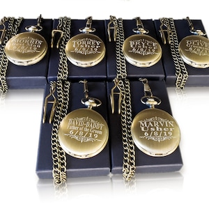 6 Groomsmen Engraved pocket watches - Vintage personalized watch in gift box with chain and personalization included - Custom Wedding gifts