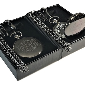 2 Personlalized pocket watches, Men&#39;s custom Black pocket watches, gift box, chain & engraving included, comes in 4 colors, wedding gift