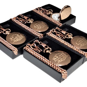 5 Engraved Rose Gold pocket watches, Man&#39;s pocket watches, Gift box, chain & engraving included, 5 watches, Customized gift set