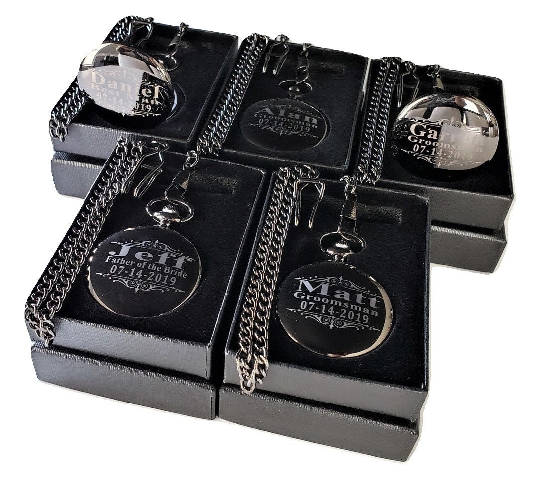 5 Black Pocket watches, Groomsmen gift set, Custom Engraved gift, Black personalized Watch, gift box & chain included, Wedding gift set of 5