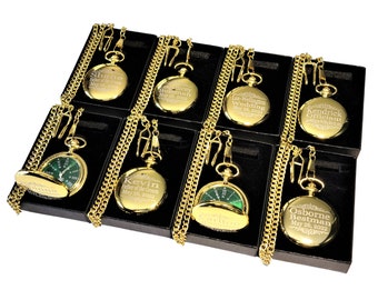 8 Personalized pocket watch set - Green dial pocket watch comes in 4 colors - Personalized gift in fitted box with chain - 8 Wedding gifts