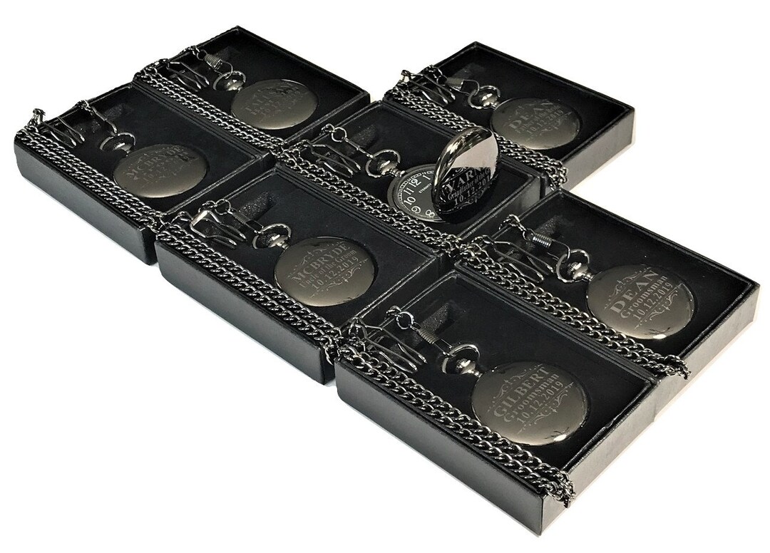 7 Engraved Black Pocket Watches, Mens Pocket Watches, Gift Box, Chain & Engraving, 7 Customized