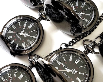 10 Black Pocket watches, Groomsmen gift set, Custom Engraved gift, Black personalized Watch set, gift box & chain included, Wedding set 10
