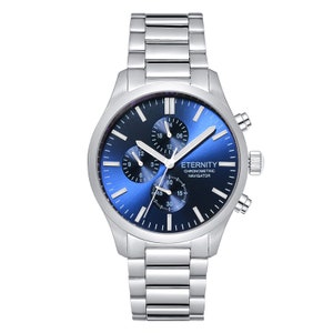 May include: A silver chronograph watch with a blue face and silver hands. The watch has a silver metal band and the words "ETERNITY CHRONOMETRIC NAVIGATOR" printed on the face.