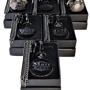 7 Black Pocket watches, Groomsmen gift set, Custom Engraved gift, Black personalized Watch set, gift box & chain included, Wedding set of 7