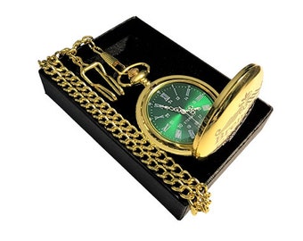 Relógio de bolso gravado - Mostrador verde, numerais romanos prateados, relógio de bolso personalizado em ouro com caixa, corrente e gravação - Estilo vintage