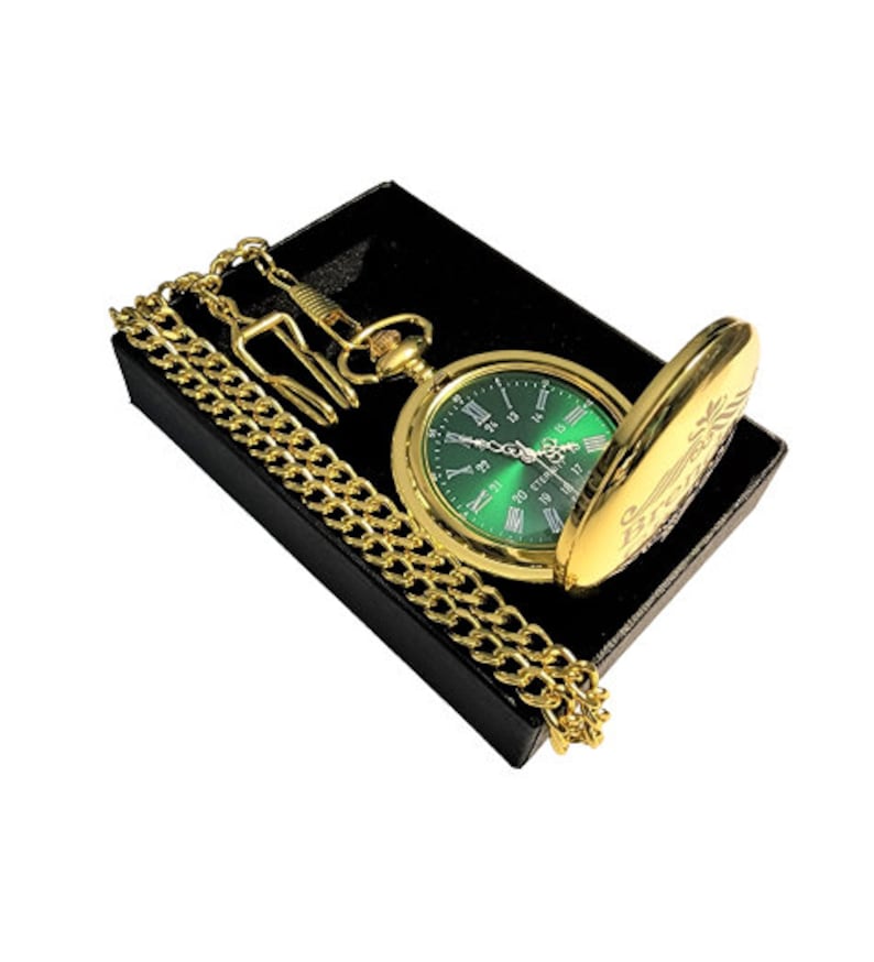 Engraved pocket watch Green dial Silver Roman numerals personalized pocket watch comes with fitted box, chain & engraving Vintage style Gold Polished