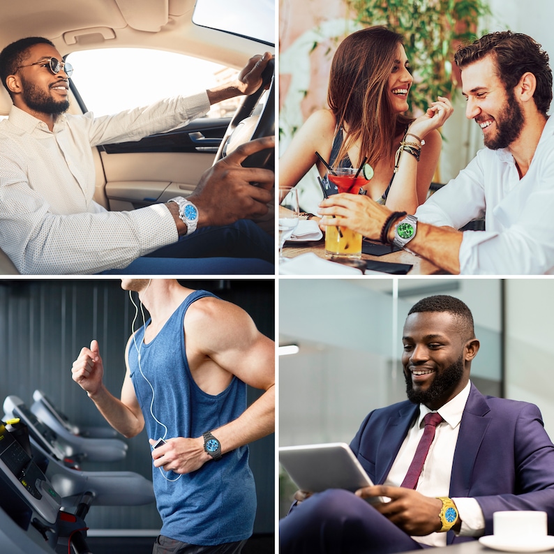 May include: Four men wearing different watches in various settings. One man is driving a car, another is working out, another is sitting at a table, and the last man is sitting in an office.