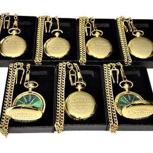 7 Personalized pocket watches - Green dial pocket watch comes in 4 colors - Personalized gift in box with chain and engraving - 7 watch set