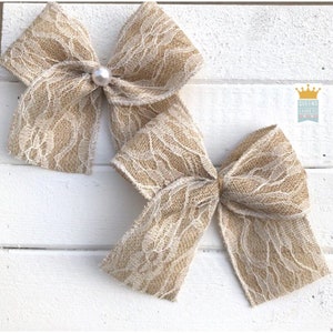 Lace Burlap Bow, Burlap Bows, Flower Bow, Wedding Pew Bow, Rustic Wedding Decor, Wedding, Rustic Burlap Bows, Shabby Burlap Lace Bow,