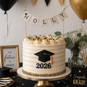 May include: A round, white-frosted cake on a gold pedestal stand, decorated with a black graduation cap, the year 2026, and gold and black sprinkles at the base. A small banner on wooden sticks above the cake spells the name HOLLY in black letters.