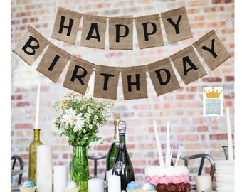 Happy Birthday banner, Birthday Banner, Burlap Banner, Rustic Party decor, Birthday Sign, Party banner, Party Sign