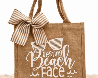 Resting Beach Face Tote, Beach Tote, Tote Bag, Bridesmaid Gift, Bridesmaid Tote, Jute Tote, Bachelorette Favors, Bridal gift