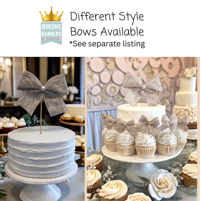 Op de afbeelding: Een witte taart met een grijze strik van kant erop. De taart is omringd door cupcakes met grijze strikken van kant. De tekst "Different Style Bows Available *See separate listing" staat bovenaan de afbeelding.
