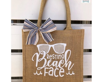 Resting Beach Face Tote, Beach Tote, Tote Bag, Bridesmaid Gift, Bridesmaid Tote, Jute Tote, Bachelorette Favors, Bridal gift