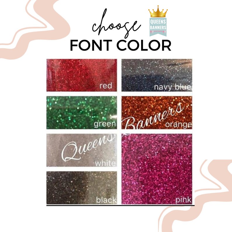 Op de afbeelding: Een grafiek met verschillende glitterkleuren voor de opties voor de letterkleur. De kleuren zijn rood, marineblauw, groen, oranje, wit, zwart en roze.