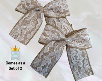 Lace Burlap Bow, Burlap Bows, Flower Bow, Wedding Pew Bow, Rustic Wedding Decor, Wedding, Rustic Burlap Bows, Shabby Burlap Lace Bow,