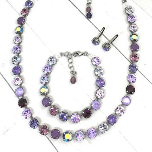 Purple Rhinestone Tennis Necklace: Lilac Crystal Bracelet, Choose Metal