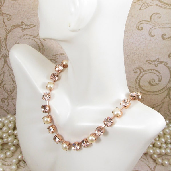 Rose Gold Blush Creamy Pearl Crystal Necklace, Blush Pink Vintage Style Necklace, Blush Pink and Creamy Pearl Bracelet, YOU CHOOSE METAL