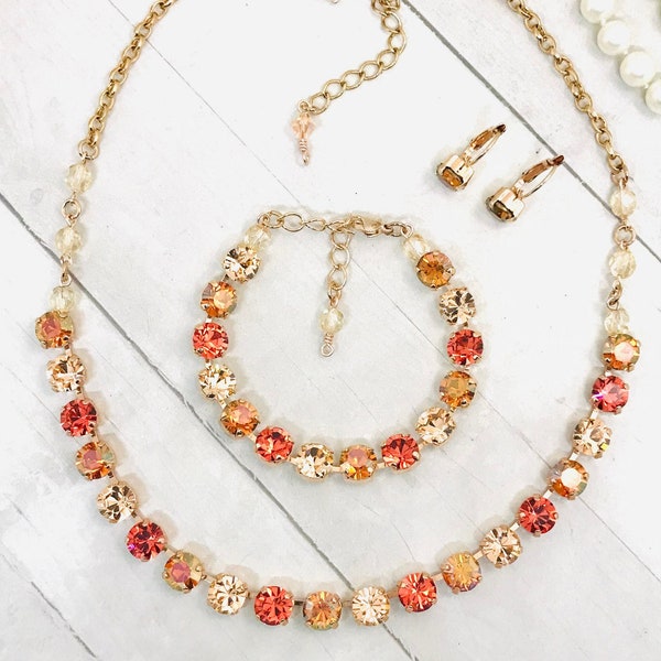 Rose Gold Fiery Chili Pepper Tangerine Tennis Necklace - Fiery Peach and Tangerine Orange Crystal Rhinestone Necklace, YOU CHOOSE Metal