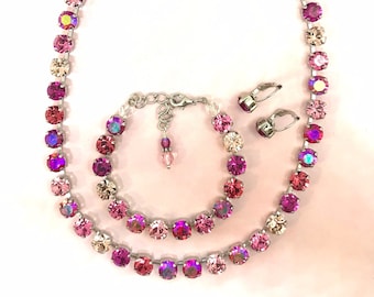 Fuchsia Pink Crystal Tennis Necklace, Bright Pink Ombre Crystal Necklace, Fuchsia Aurora Borealis Crystal Tennis Bracelet, YOU CHOOSE METAL