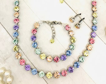 Pastel Rainbow Crystal Tennis Necklace: Antique Silver Setting