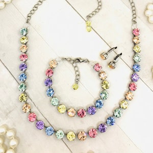 Pastel Rainbow Crystal Tennis Necklace: Antique Silver Setting
