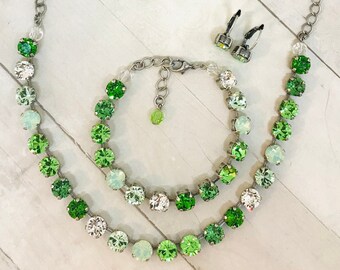 Saint Patrick's Day Green Crystal Tennis Necklace, Green Crystal Tennis Bracelet, Green Crystal Drop Earrings, YOU CHOOSE METAL