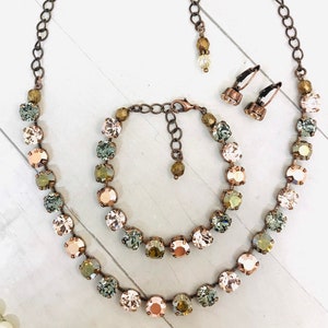 Antique Copper Chocolate Brown Crystal Necklace, Rose Gold and Bronze Neutral Necklace, Chocolate Brown and Bronze Set, YOU CHOOSE METAL