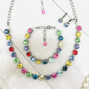 Rainbow Crystal Tennis Necklace: Bright Multi-Color Choker